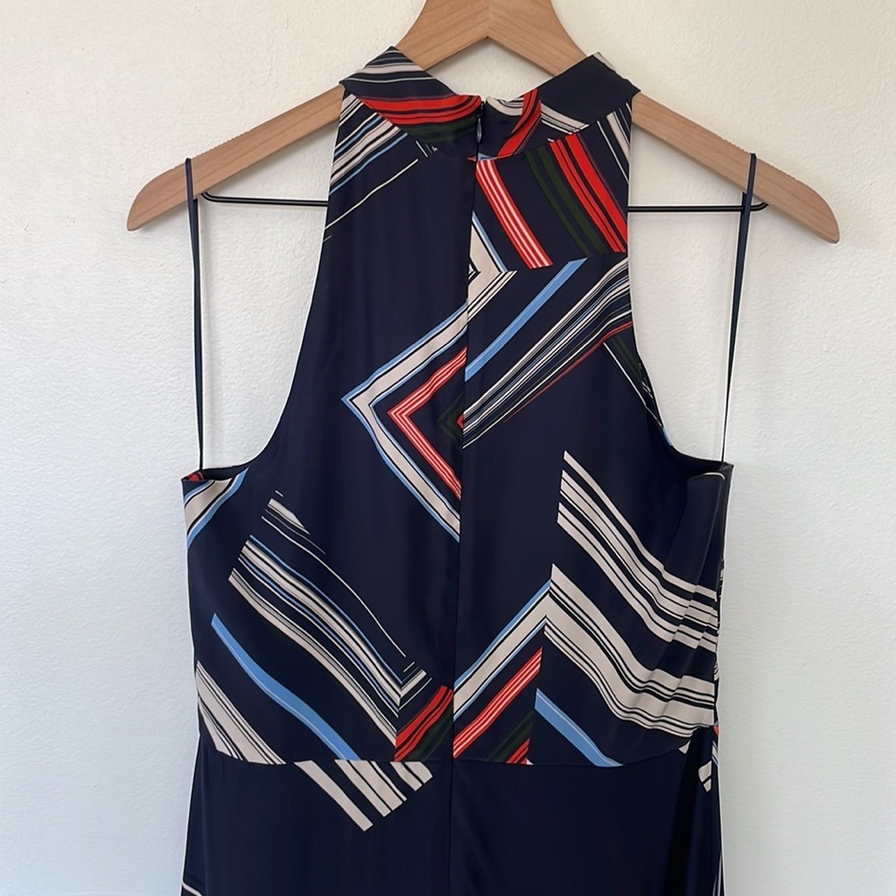 Parker | 100% Silk Halter Neck Handkerchief Hem Graphic Stripe Print Midi Dress - Picture 8 of 11